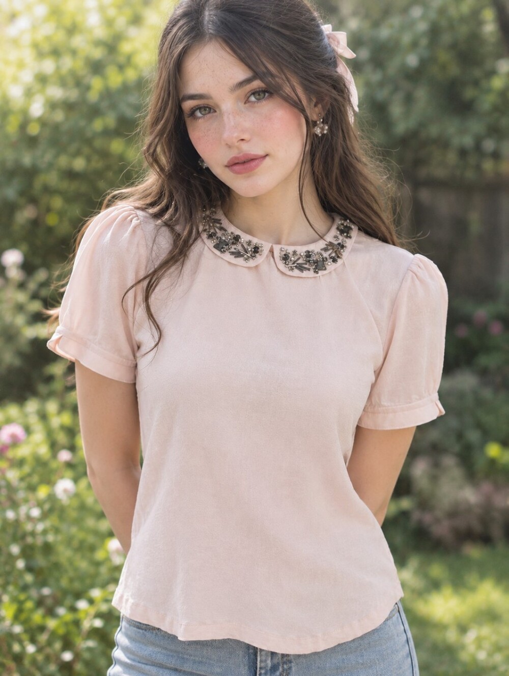 Club Monaco Blush Beaded Peter Pan Collar Top